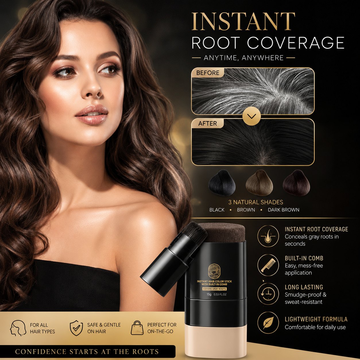 Aelnora Instant Hair Dye Stick with Built-in Comb, Gray Hair Dye, 2-in-1 Touch-Up Comb