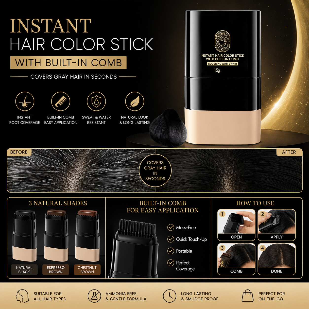 Aelnora Instant Hair Dye Stick with Built-in Comb, Gray Hair Dye, 2-in-1 Touch-Up Comb