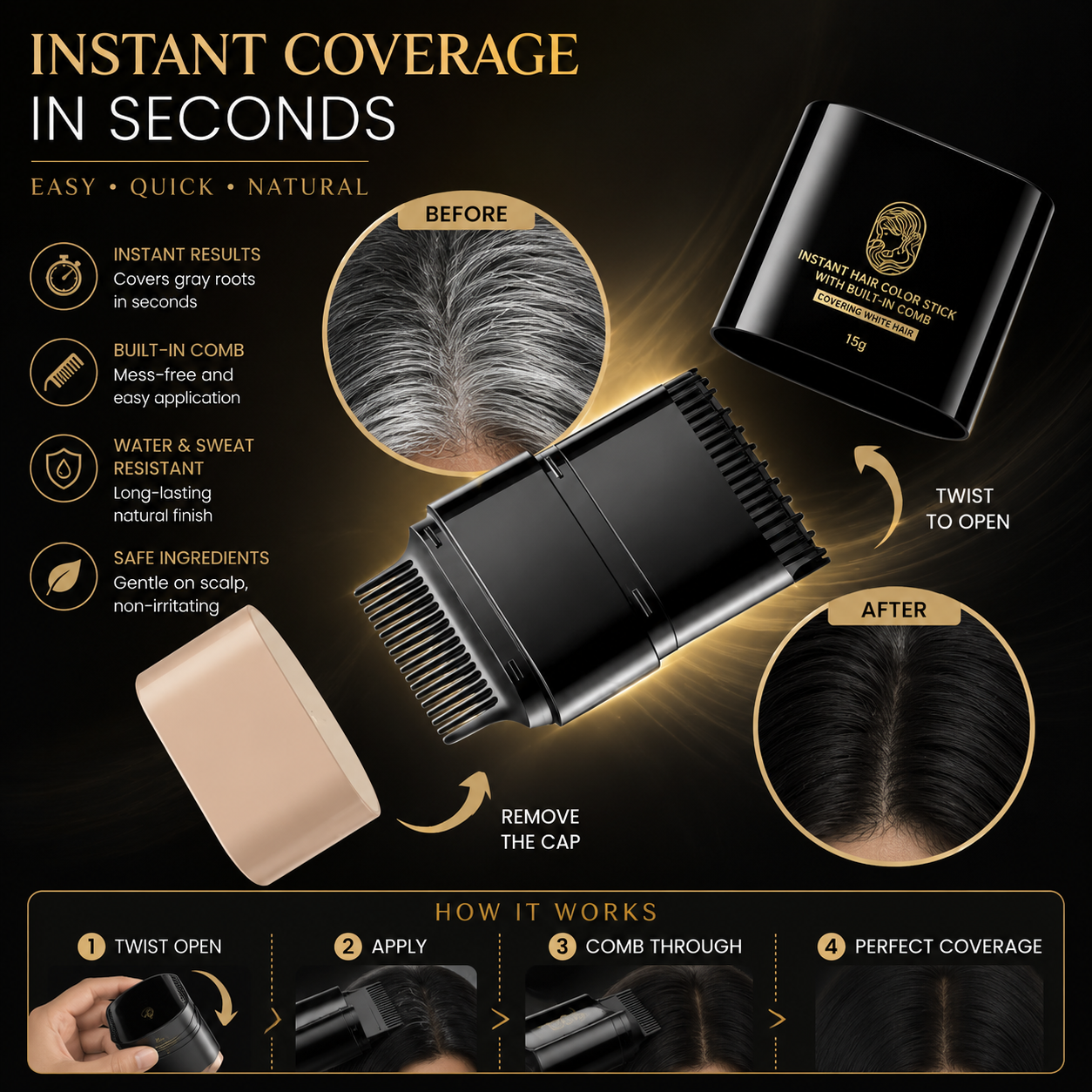 Aelnora Instant Hair Dye Stick with Built-in Comb, Gray Hair Dye, 2-in-1 Touch-Up Comb