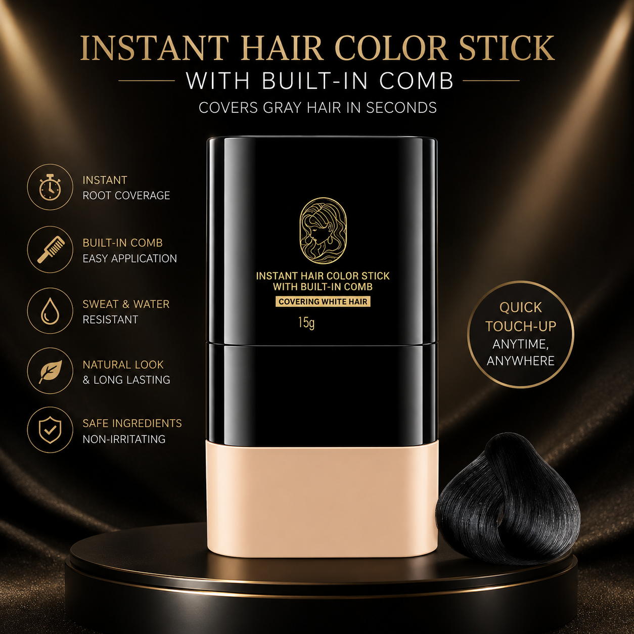 Aelnora Instant Hair Dye Stick with Built-in Comb, Gray Hair Dye, 2-in-1 Touch-Up Comb